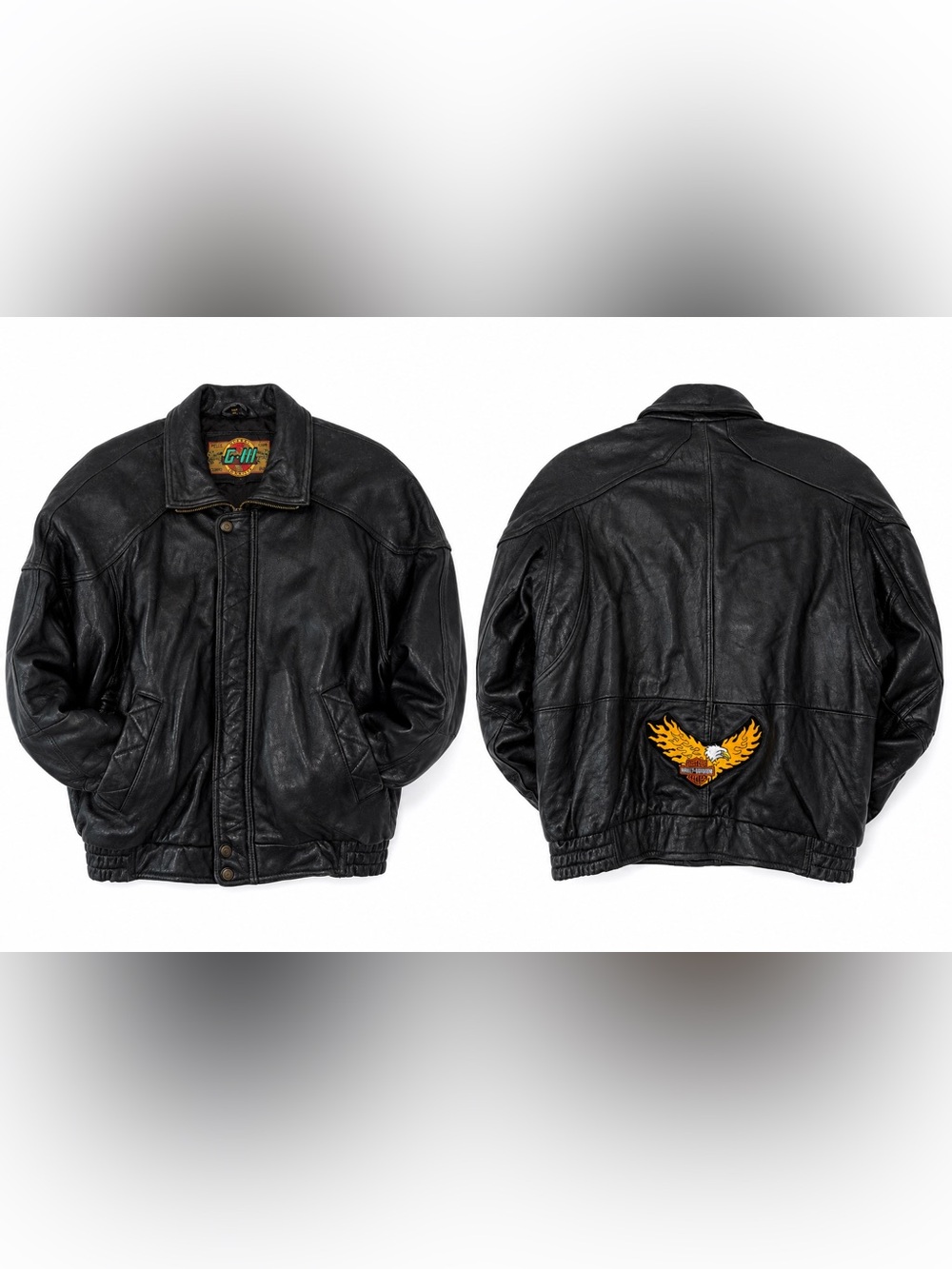 Vintage G-III Black Genuine Leather Bomber Jacket Harley-Davidson Eagle Patch
